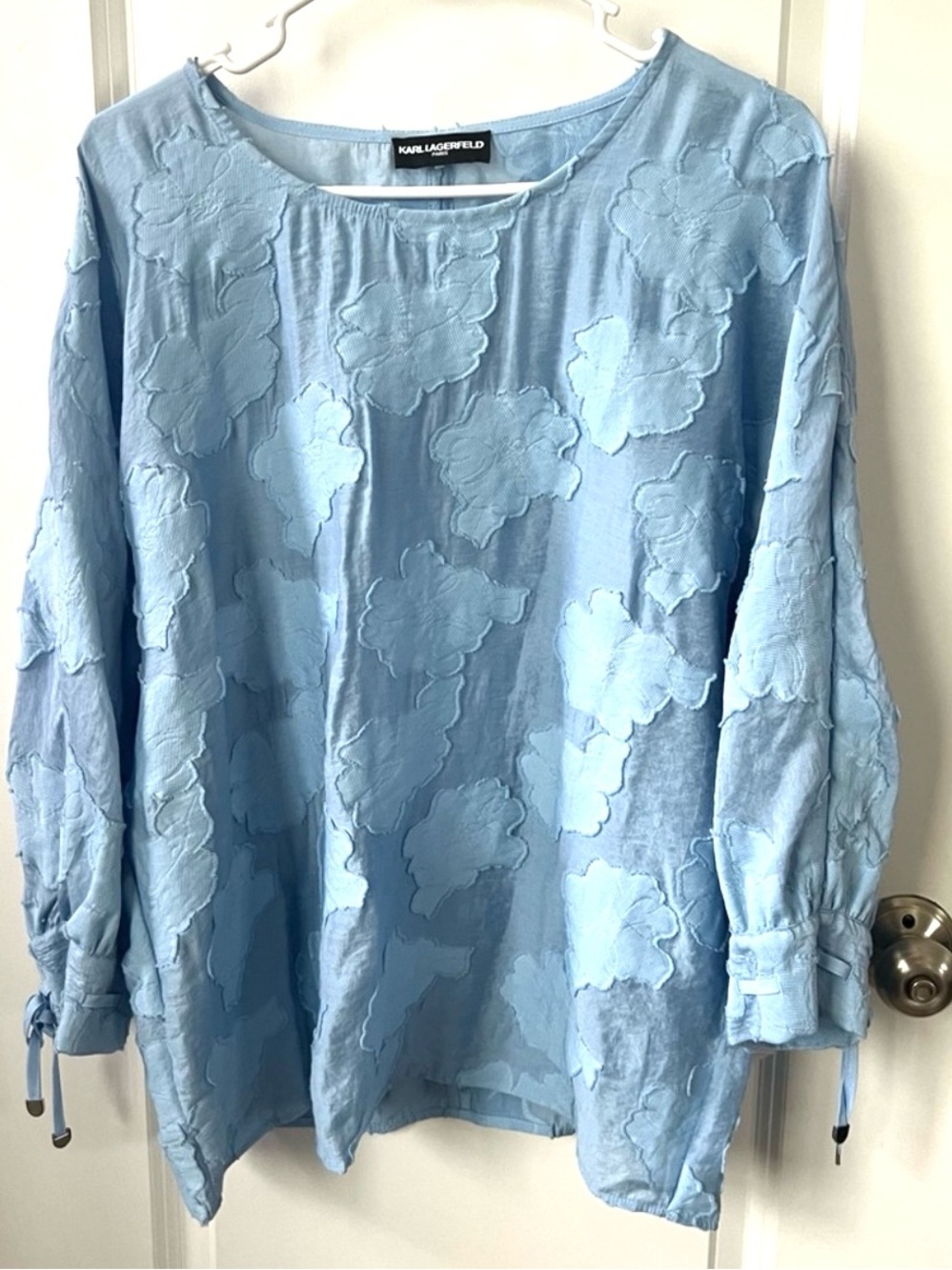 Karl Lagerfeld Paris Blue Lace Burnout Blouse in Blue Bell, Sz 1X-2X